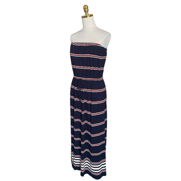 J CREW Navy Striped Strapless Stretch Jersey Summer Maxi Dress Women’s Sz Medium - Picture 5 of 9